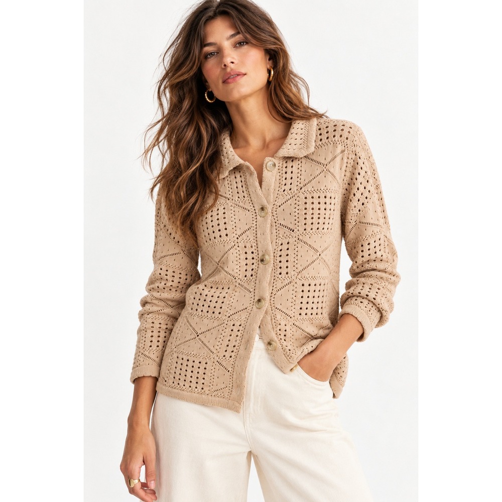 Design History Maven Crochet Button Down Cardigan Tan XL New